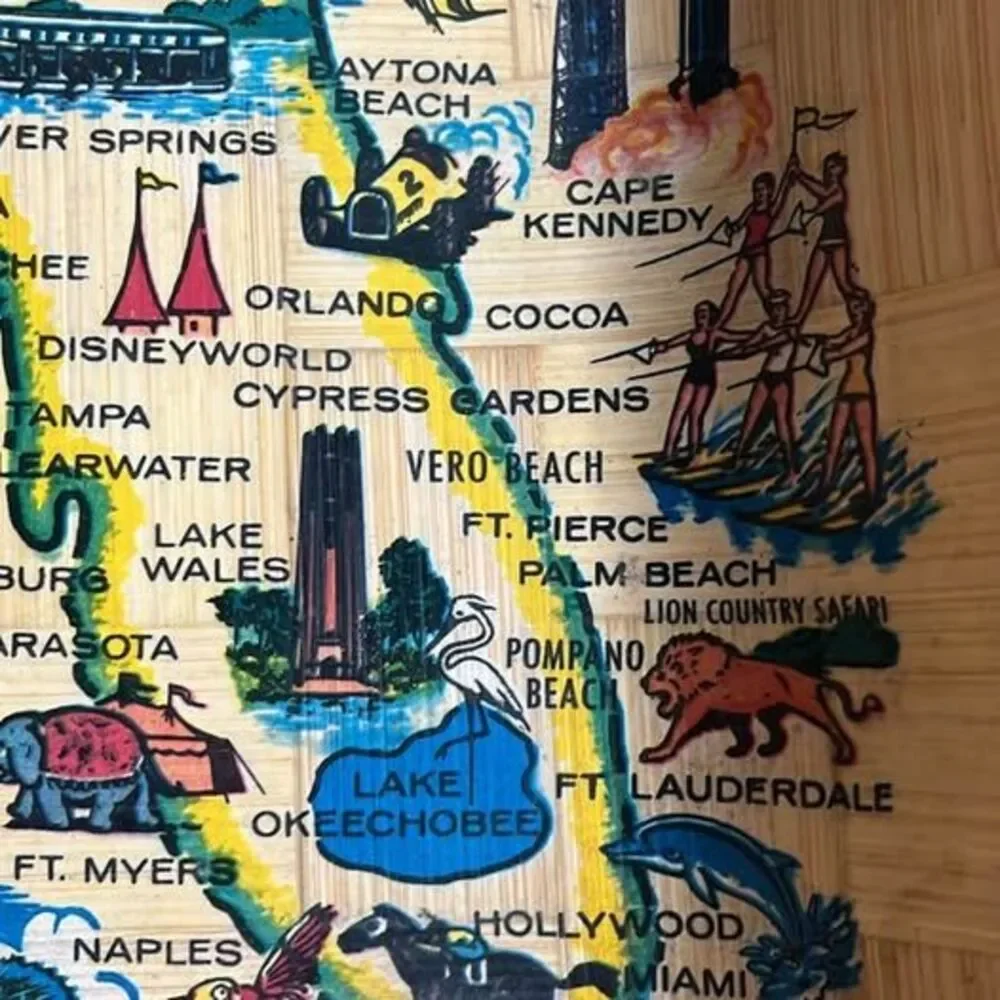Vintage 1970s Kitsch Florida Souvenir Woven Bamboo Map Bowl - MINT with Labels
